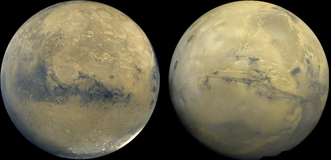 Two views of Mars: Valles Marineris 
(left) Schiaperelli crater (right)