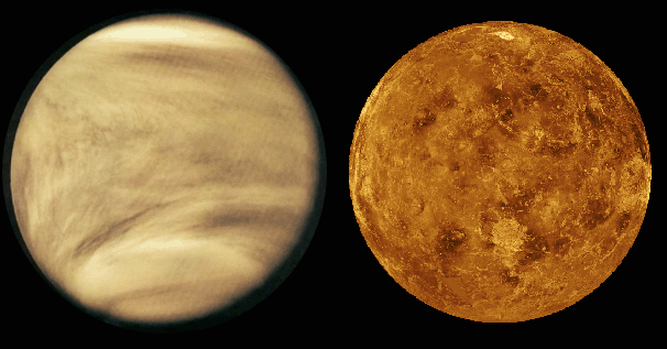 Venus in visible band (left) and 
with radar (right)