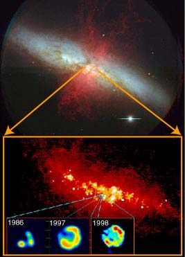 At top is an optical image, taken with the Subaru telescope, of the nearby starburst galaxy M82. Below is a MERLIN/VLA radio image of the very central regions of M82