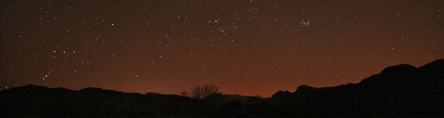Orion, Hyades and Pleiades seen from the Lake District - photo by Mike Peel