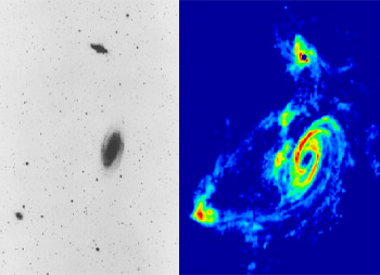 Optical (left) and 21cm radio (right) images of the region around the galaxy M81. [Courtesy NRAO]
