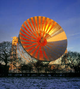 Stripy Lovell telescope with one new panel painted