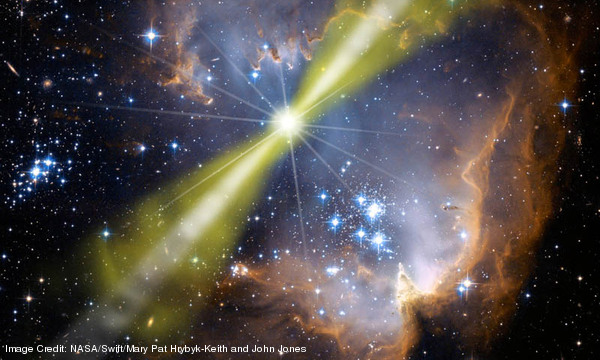 An artist's concept showing a gamma-ray burst close up. Observations suggest that material is shot outwards in a two-component jet (white and green beams) CREDIT: NASA/Swift/Mary Pat Hrybyk-Keith and John Jones October 2010 Extra