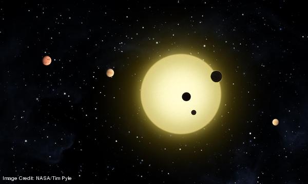 An artist's conception of the star Kepler-11 and its six planets, with three transiting simultaneously. CREDIT: NASA/Tim Pyle February 2011 Extra