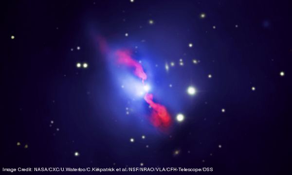 Composite image of the Hydra A galaxy cluster showing hot gas in X-ray (blue), radio jets (pink) and galaxies in the cluster in optical (yellow). CREDIT: NASA/CXC/U.Waterloo/C.Kirkpatrick et al./NSF/NRAO/VLA/CFH-Telescope/DSS March 2011