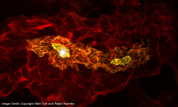 Computer simulation of the formation of a binary star system in the early Universe. CREDIT: Copyright Matt Turk and Ralph Kaehler March 2011 Extra