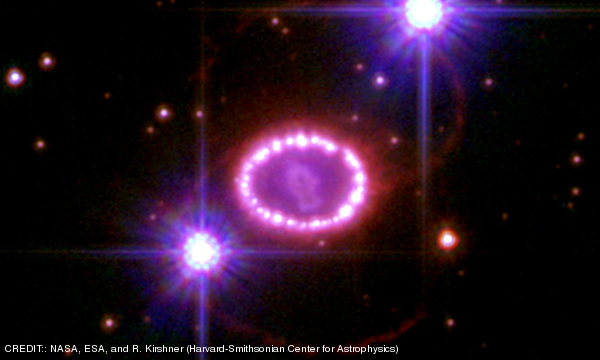 Hubble Space Telescope image of the region surrounding supernova 1987A. CREDIT: NASA, ESA, and R. Kirshner (Harvard-Smithsonian Center for Astrophysics) August 2011
