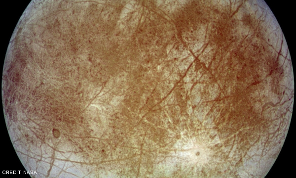 A view of the trailing hemisphere of Europa in approximate true-colour. CREDIT: NASA April 2013