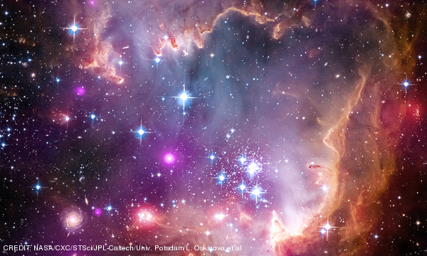 A composite image at multiple wavelengths of the Small Magellanic Cloud released by the Chandra X-Ray observatory. CREDIT: X-ray: NASA/CXC/Univ.Potsdam/L.Oskinova et al; Optical: NASA/STScI; Infrared: NASA/JPL-Caltech April 2013 Extra
