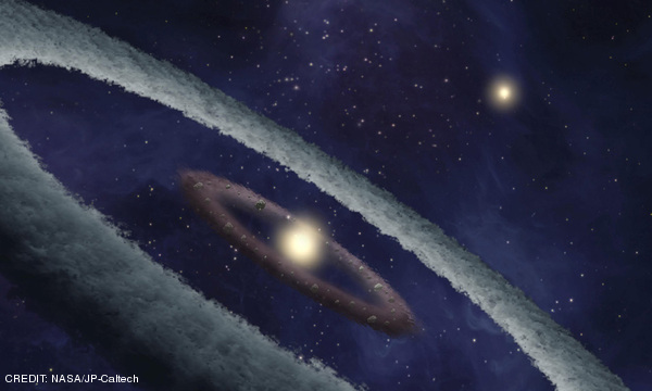 Artist's impression of the binary-star system HD 113766 where it is suspected a rocky planet is forming. CREDIT: NASA/JP-Caltech July 2013