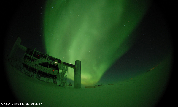The Southern Lights, or Aurora Australis, seen above the IceCube Lab at the South Pole. CREDIT: Sven Lindstrom/NSF December 2013