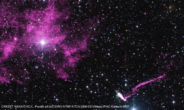 A neutron star ejecting an 'exotic' jet of high energy particles at a right angle to its motion, seen in a composite image of X-ray, radio and optical wavelengths. CREDIT: NASA/CXC/L. Pavan et al/CSIRO/ATNF/ATCA/2MASS/UMass/IPAC-Caltech/NSF February 2014 Extra