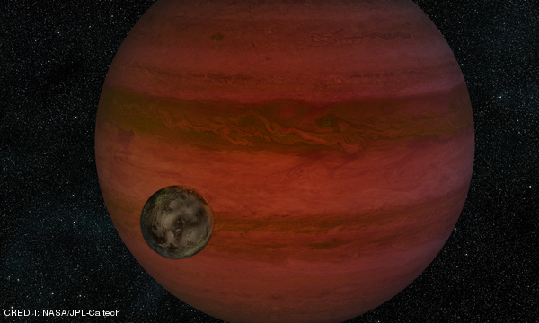 Artist's impression of an 'exomoon' orbiting an extrasolar planet. Such an object may have been observed for the first time in the system MOA-2011-BLG-262, using the technique of gravitational microlensing. CREDIT: NASA/JPL-Caltech April 2014 Extra