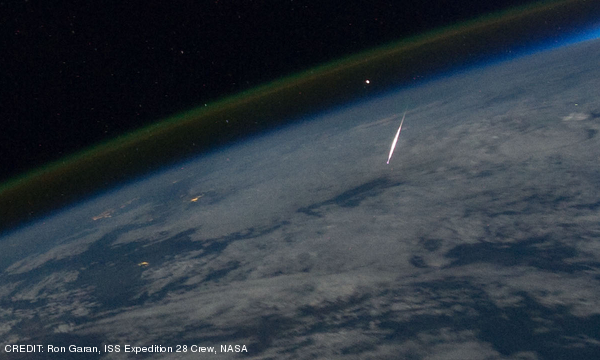 A meteor in the Perseid Meteor Shower photograhed by Ron Garan from the ISS in August 2011 CREDIT: Ron Garan, ISS Expedition 28 Crew, NASA August 2014