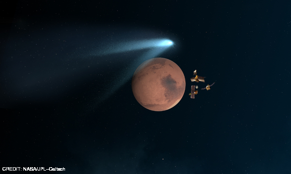 An artist's conception showing NASA's Mars orbiters and Comet Siding Spring (C/2013 A1). CREDIT: NASA/JPL-Caltech November 2014 Extra