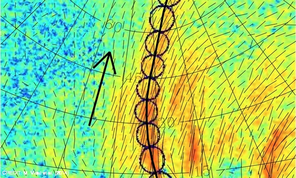 A polarized radio filament as seen in WMAP data, taken from Dr. Vidal's paper. CREDIT: M. Vidal et al. (2014) December 2014 Extra