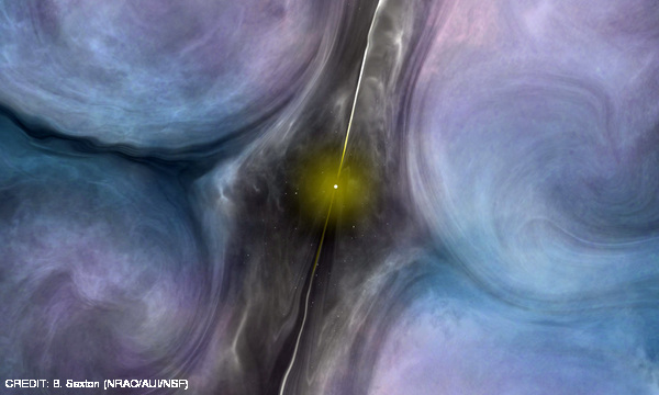 An artist impression of the central region of NGC 1266, where jets from the central black hole are creating turbulence in the surrounding molecular gas. CREDIT: B. Saxton (NRAO/AUI/NSF) January 2015