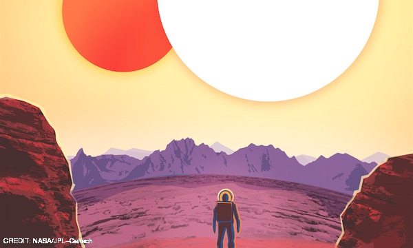 Depiction of the view from Kepler 16b of its twin stars, were it a terrestrial planet. CREDIT: NASA/JPL-Caltech January 2015 Extra
