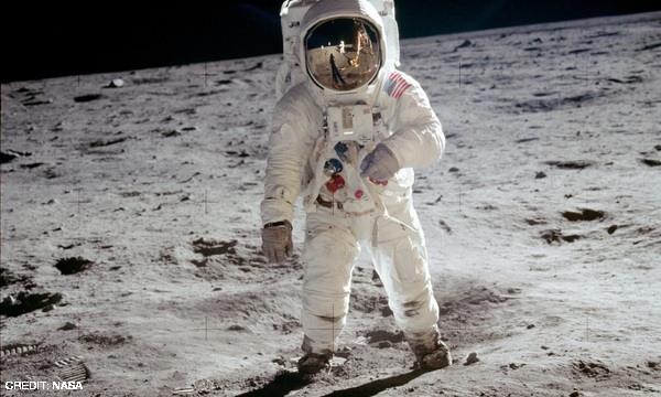Buzz Aldrin walking on the Moon, photographed by Neil Armstrong. CREDIT: NASA April 2015 Extra
