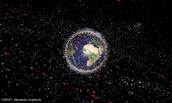 A computer-generated image representing space debris as seen from high Earth orbit. CREDIT: Wikimedia Commons October 2016 Extra
