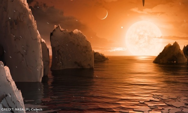 An artist impression of one of the newly discovered planets in the TRAPPIST-1 system. CREDIT: NASA/JPL-Caltech March 2017