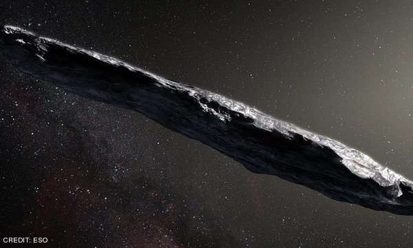 An artist's impression of the first confirmed interstellar asteroid, 1I/2017 U1. CREDIT: ESO December 2017
