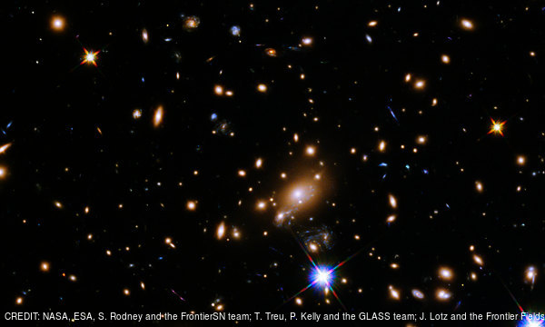 A Hubble Space Telescope of the cluster of galaxies MACS J1149+2223, which contains the most distant star ever seen. CREDIT: NASA, ESA, S. Rodney and the FrontierSN team; T. Treu, P. Kelly and the GLASS team; J. Lotz and the Frontier Fields team; M. Postman and the CLASH team; and Z. Levay (STScI) April 2018 Extra