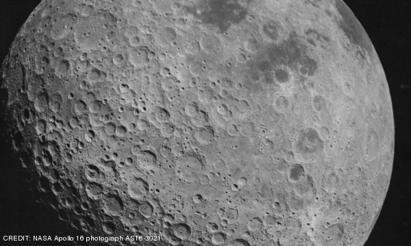 The far side of the Moon photographed by Apollo 16, April 1972 CREDIT: NASA Apollo 16 photograph AS16-3021 June 2019