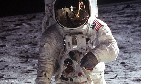This NASA photo shows Astronaut Buzz Aldrin, lunar module pilot, walks on the surface of the Moon near the leg of the Lunar Module (Eagle) during the Apollo 11 extravehicular activity. CREDIT: NASA August 2019