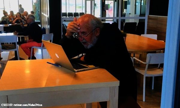 New Physics Nobel Laureate Michel Mayor's expression upon receiving news of his Nobel Prize. Alternatively, every graduate student up late hunting bugs in their code. CREDIT: twitter.com/NobelPrize October 2019 Extra