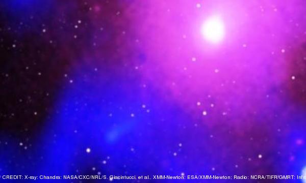 Data combined from the Chandra X-ray telescope, XMM Newton, the Murchison wide field array and the giant metrewave telescope providing evidence for the explosion in the Ophiucus cluster. CREDIT: X-ray: Chandra: NASA/CXC/NRL/S. Giacintucci, et al., XMM-Newton: ESA/XMM-Newton; Radio: NCRA/TIFR/GMRT; Infrared: 2MASS/UMass/IPAC-Caltech/NASA/NSF March 2020