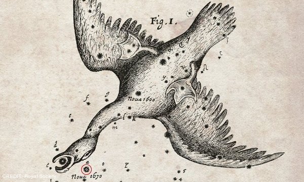 This chart of the position of a nova (marked in red) that appeared in the year 1670 was recorded by the famous astronomer Hevelius and was published by the Royal Society in England in their journal Philosophical Transactions. CREDIT: Royal Society Month 4 2020