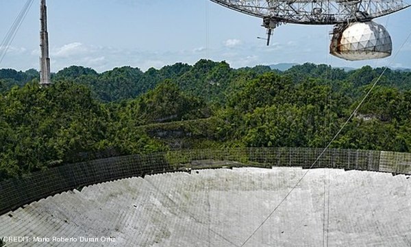 View of the Arecibo radio telescope primary dish and the spherical reflector, Arecibo Observatory, Puerto Rico. CREDIT: Mario Roberto Duran Ortiz November 2020