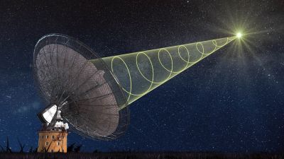 A schematic illustration of CSIROs Parkes radio telescope receiving the polarised signal from the new fast radio burst