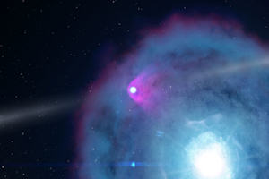 An artists rendition of the encounter of the pulsar with the companion star